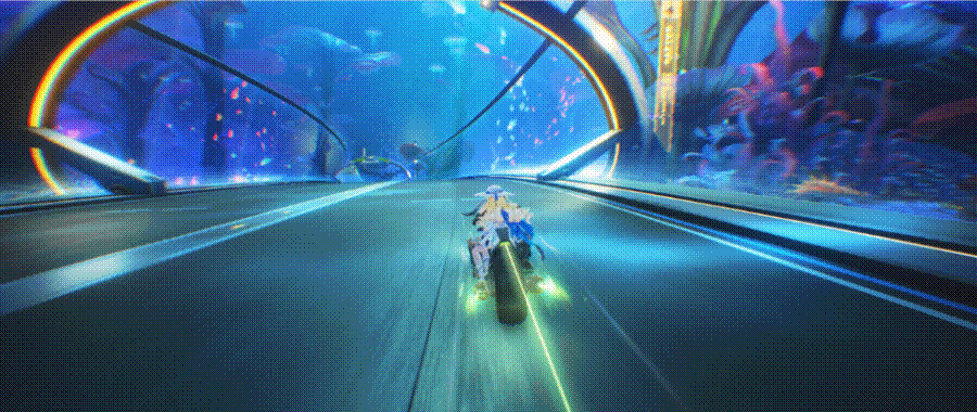 未来风格摩托车在科幻隧道中高速行驶