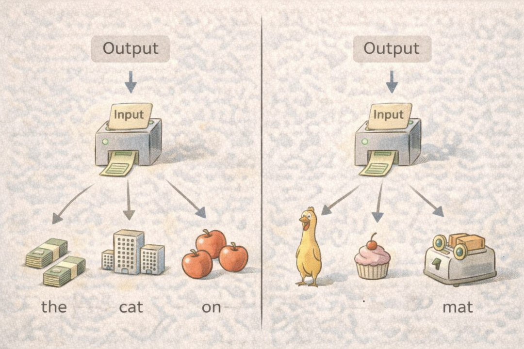 LLM输出结果的多样性示意图，类比为不同的打印结果