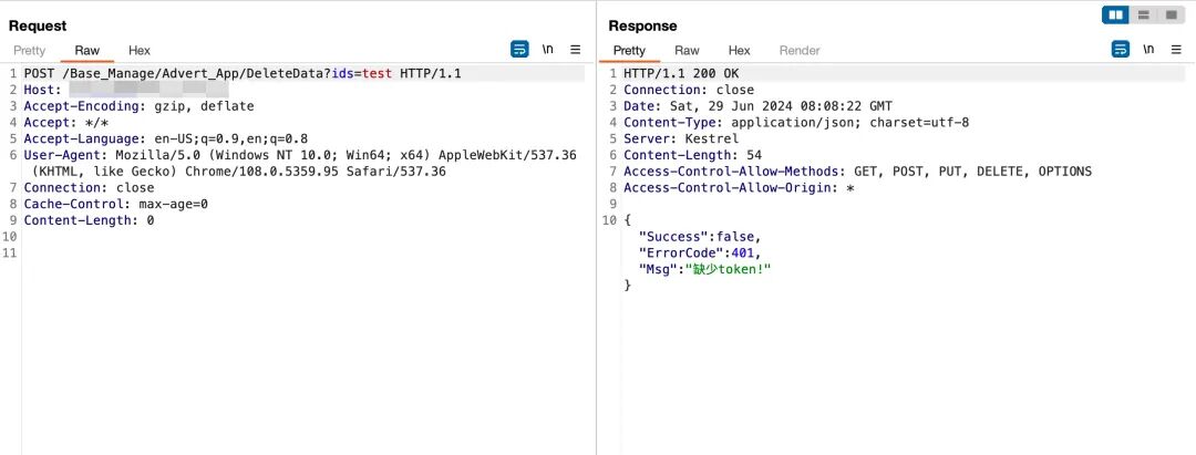API请求的响应，显示因缺少Token而返回401错误