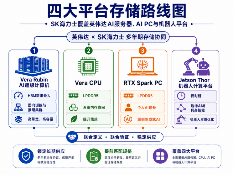 英伟达四大平台存储路线图,涵盖Vera Rubin超级计算机、Vera CPU、RTX Spark AI PC及Jetson Thor机器人平台