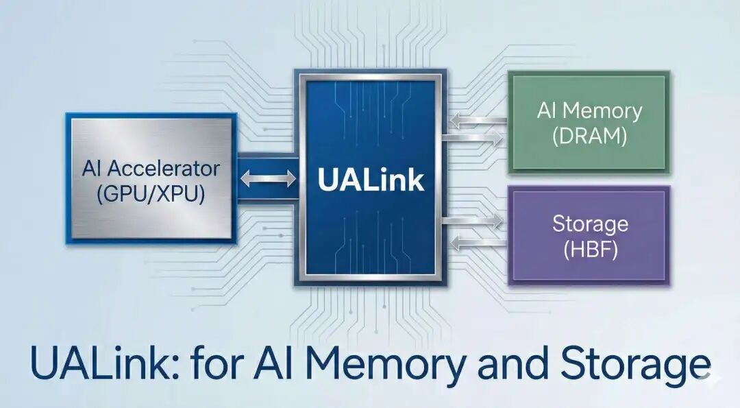 UALink连接AI加速器、内存与存储架构图