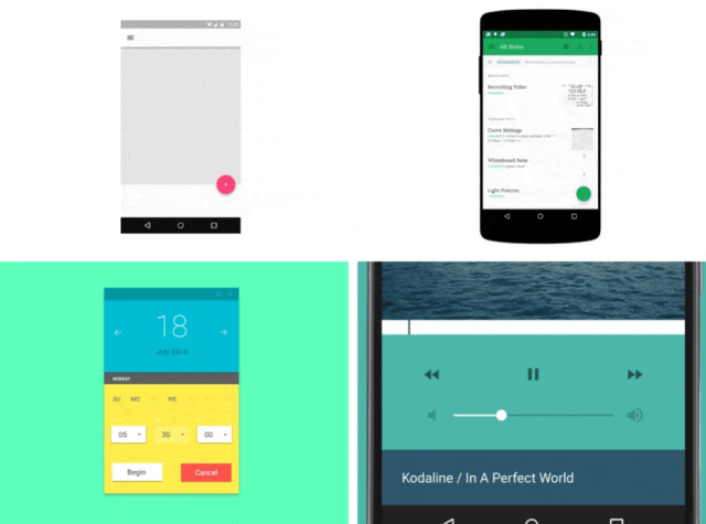 Material Design 动效演示图，展示日程、笔记、音乐播放器界面