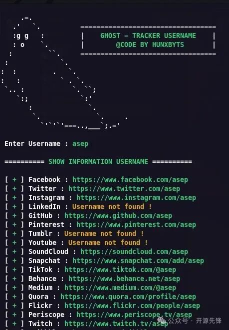 GhostTrack 社交媒体用户名追踪功能结果展示