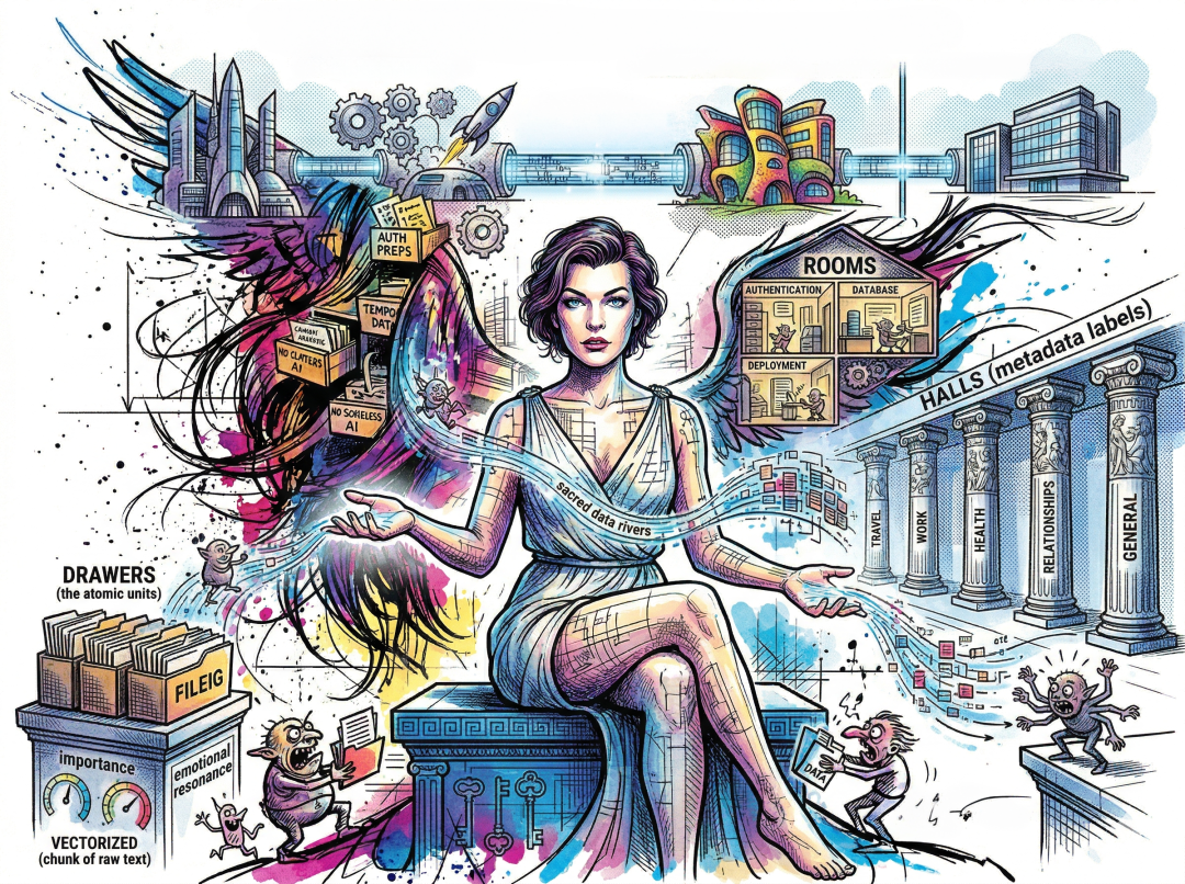 描绘 MemPalace 数据分类、治理逻辑与系统架构的概念插画
