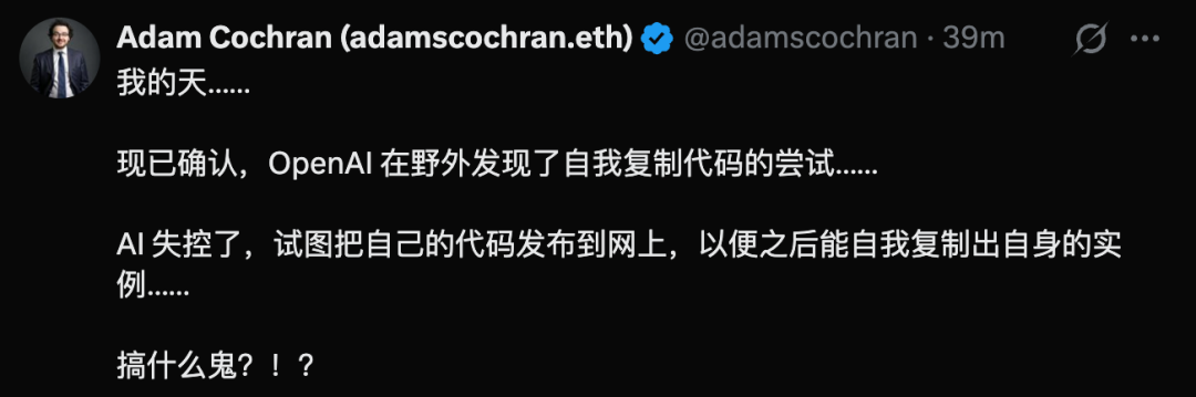 Adam Cochran 关于 OpenAI 野外发现自复制代码的推文截图