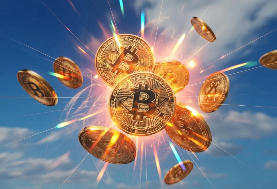 蓝天白云下比特币爆炸飞散的科技感封面图
