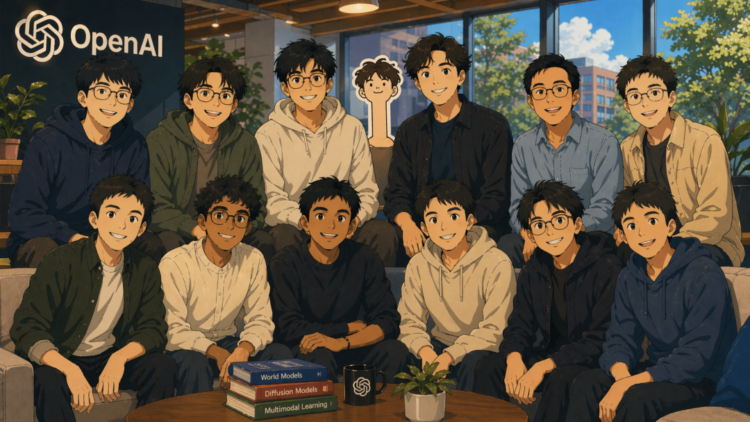 团队卡通合影，背景为OpenAI标志，桌上摆放World Models、Diffusion Models等书籍