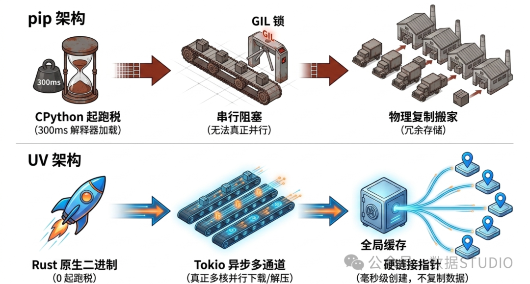 Pip 架构对比 UV 架构:GIL 锁、CPython 起跑税与 Rust 原生、异步多通道图解