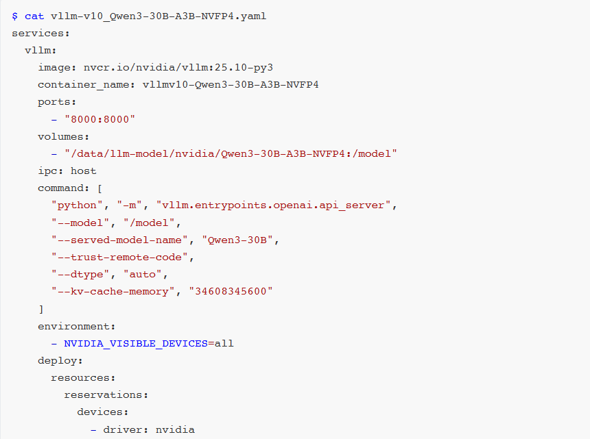 YAML配置文件截图:vllm-v10_Qwen3-30B-A3B-NVFP4.yaml,含image、ports、volumes、command等字段
