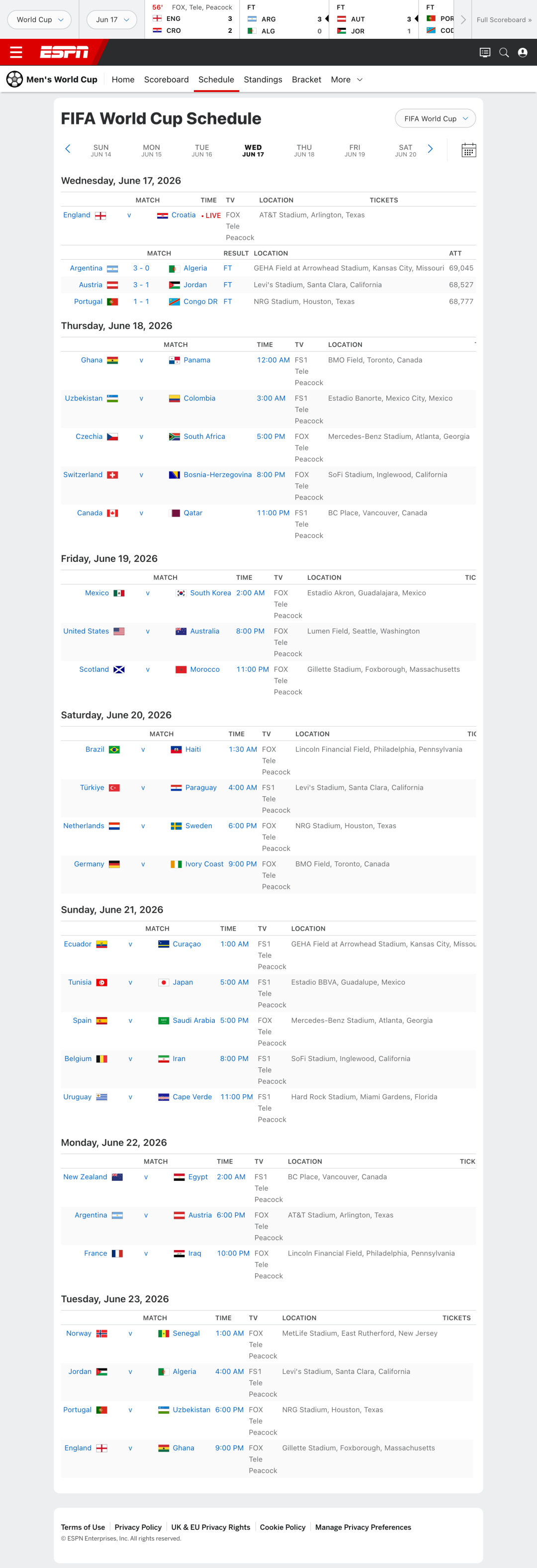 ESPN网站2026年世界杯赛程页面长截图,展示多场比赛时间、对阵双方、比分及场馆等官方数据
