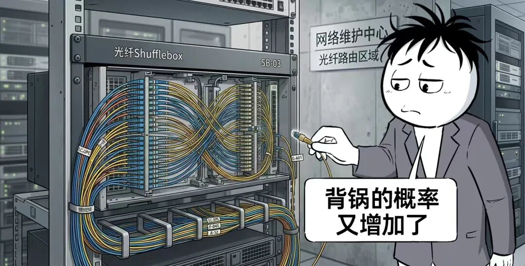 描述光纤布线混乱的幽默插图