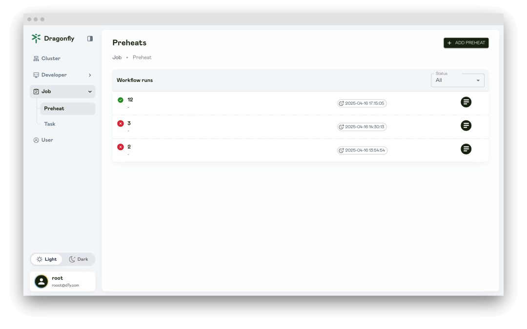 Dragonfly主动预热任务界面