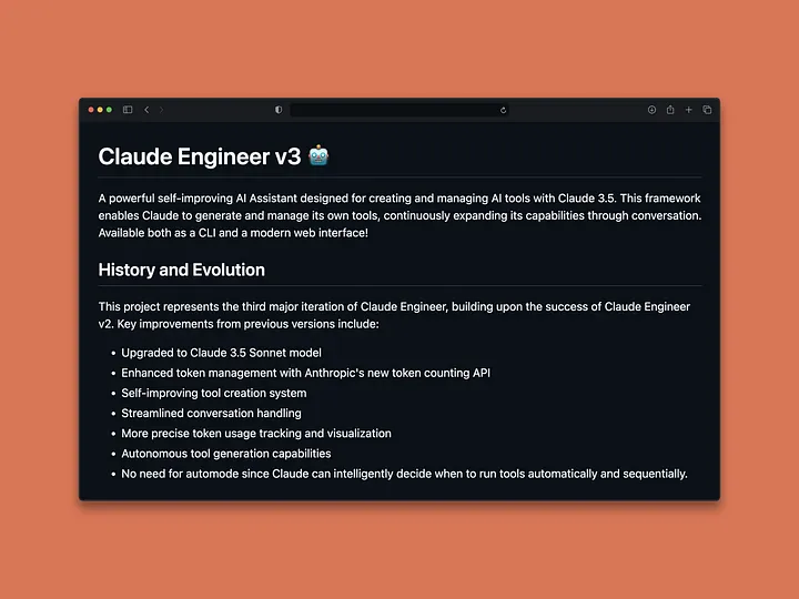 Claude Engineer v3项目界面截图,展示自提升型AI助手的能力描述