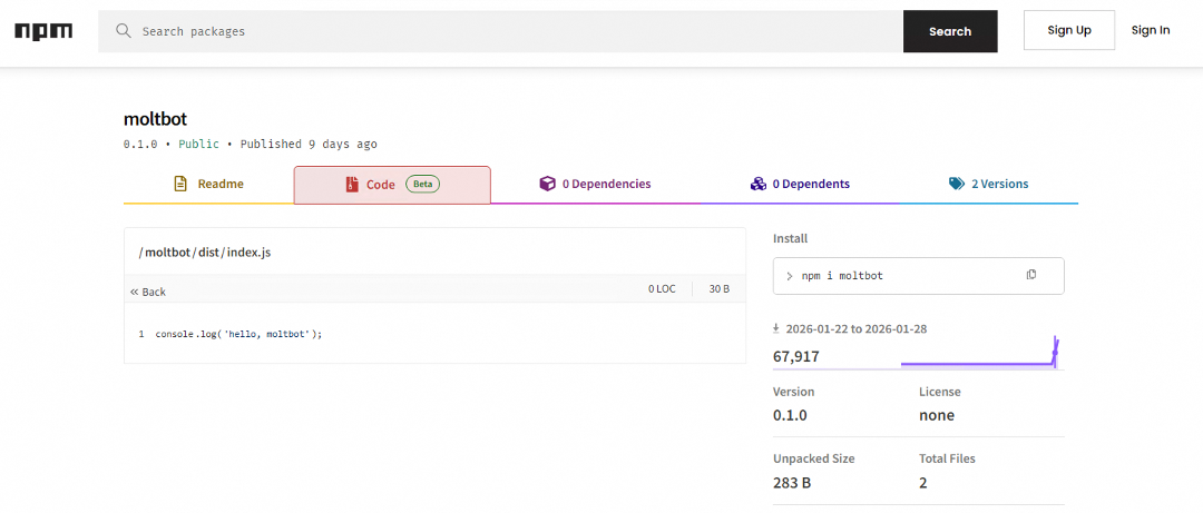 npm官方仓库中假冒的moltbot包详情页面