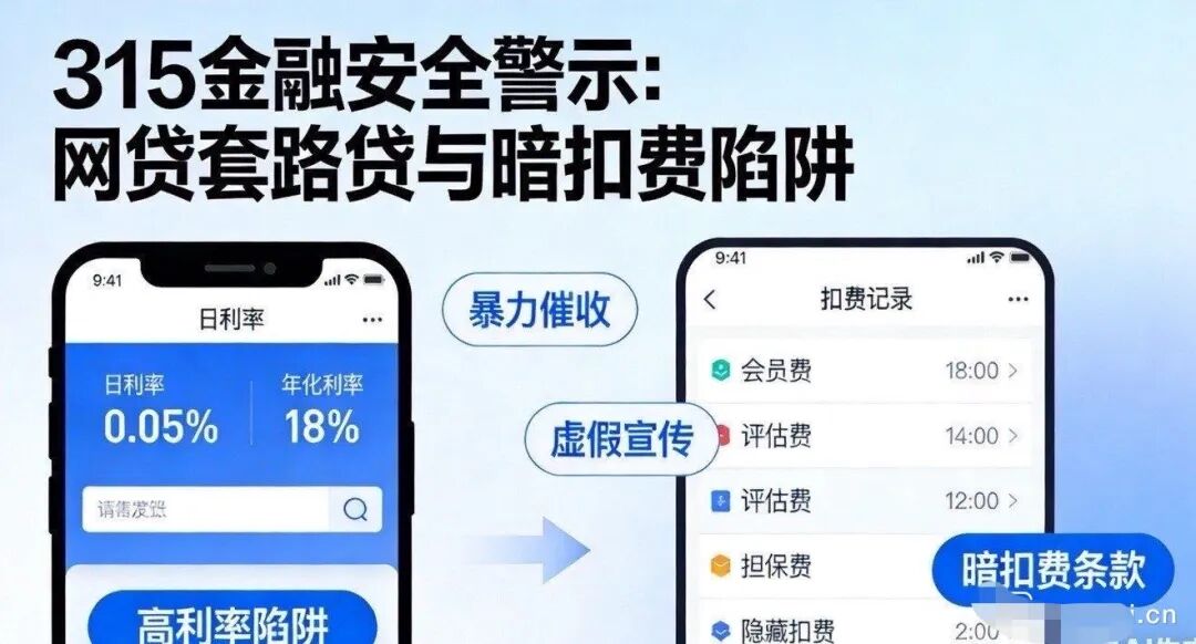金融安全警示图：展示网贷高利率陷阱与隐藏扣费条款