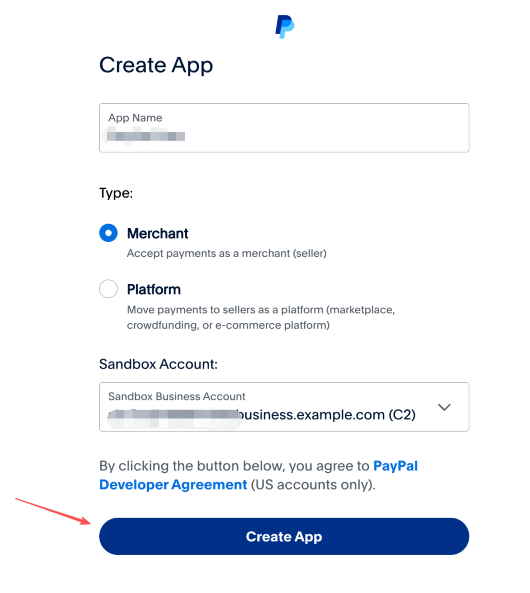 创建PayPal应用界面
