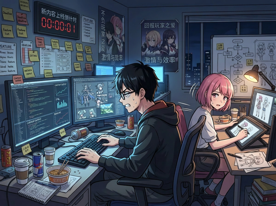 描绘游戏开发者加班赶工场景的幽默插画