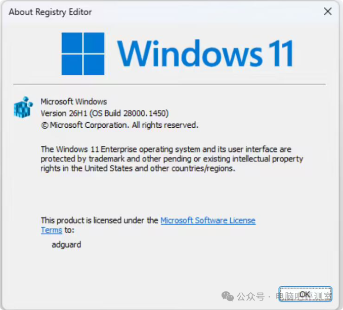 Windows 11 26H1 注册表编辑器关于页面