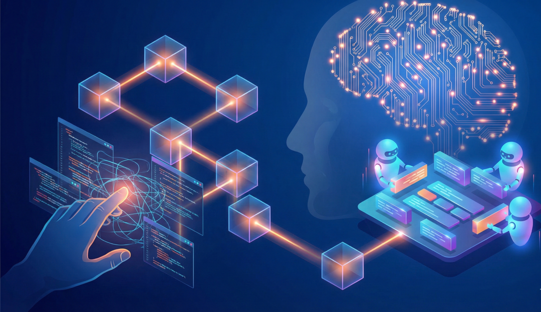 一幅描绘人机协同与智能涌现的科技插画