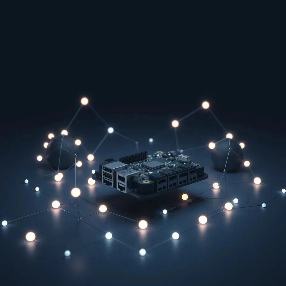 深蓝色科技背景中悬浮的黑色电路板，连接着大量发光网络节点