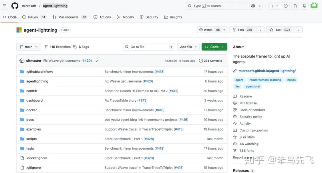 Microsoft Agent-Lightning GitHub仓库页面