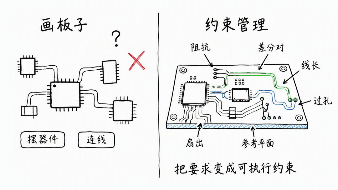 PCB约束管理:从随意布线到阻抗、差分对、线长、过孔、扇出、参考平面等可执行约束