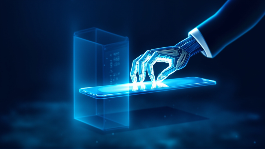 AI Agent 操控手机概念图：机械臂点击手机屏幕