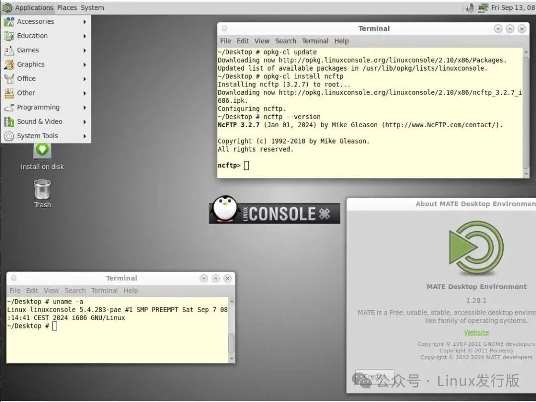 MATE桌面环境，包含终端与关于对话框，可见Linux Console企鹅图标