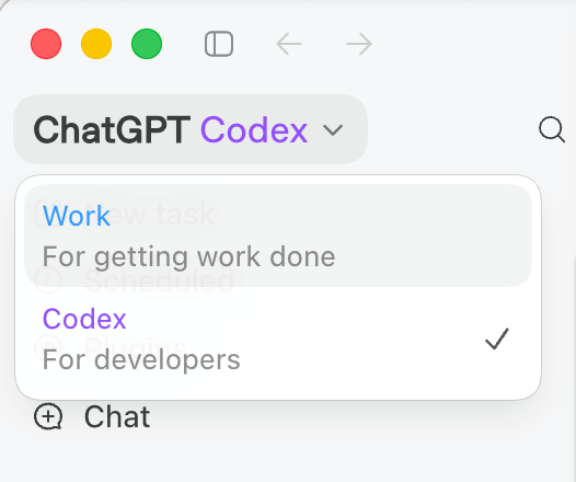 Mac OS窗口显示ChatGPT Codex下拉菜单,Work和Codex两个选项可选