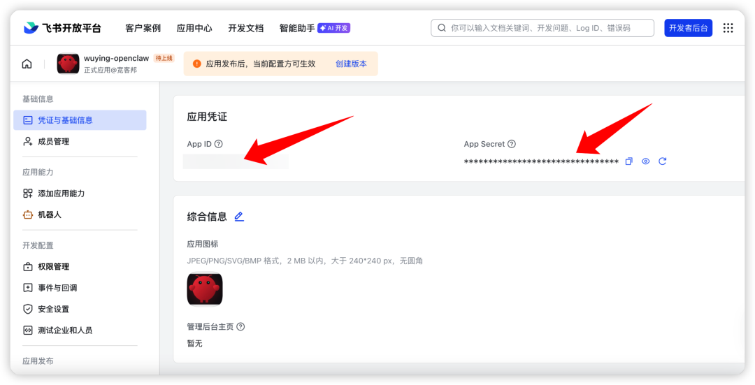 飞书应用凭证信息页面