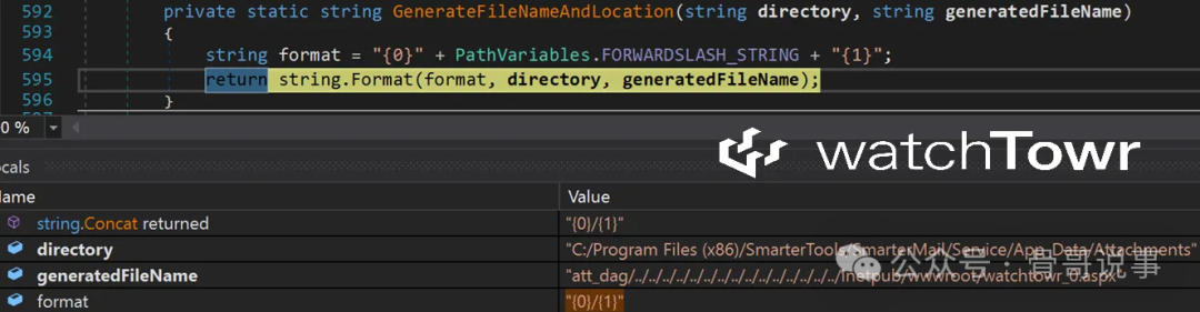 代码调试界面，显示拼接后的文件路径
