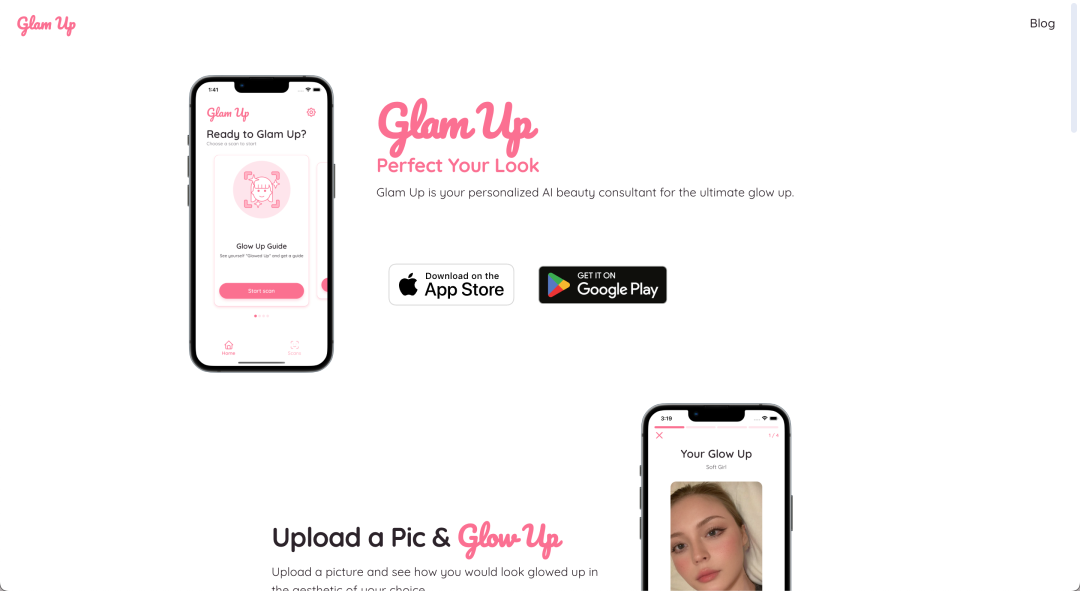GlamUp应用宣传页与App界面展示