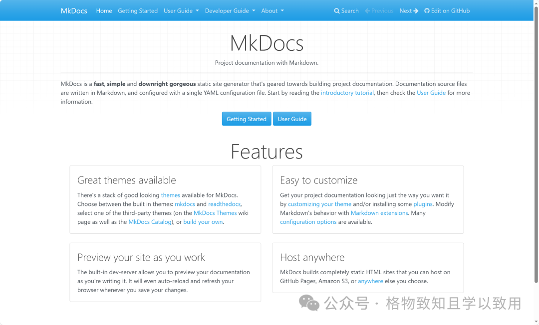 MkDocs 官方首页展示主要特性与快速入门入口