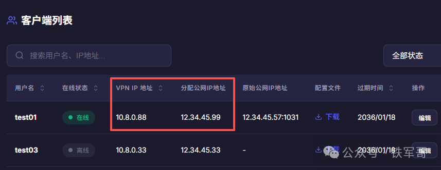OpenVPN管理后台客户端列表