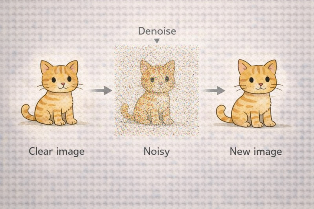 扩散模型去噪过程：清晰图像 -> 加噪 -> 去噪 -> 新图像
