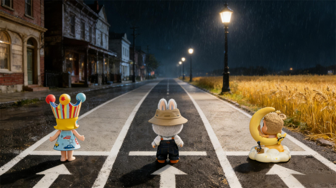 三个卡通玩偶站在雨夜街道的斑马线上，背景有麦田和建筑