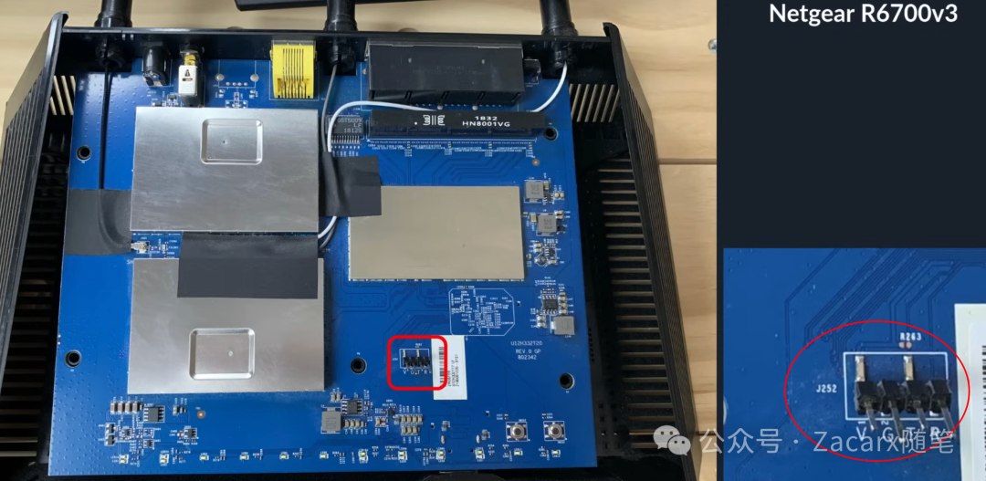 Netgear R6700v3路由器PCB板上的J252 UART接口特写