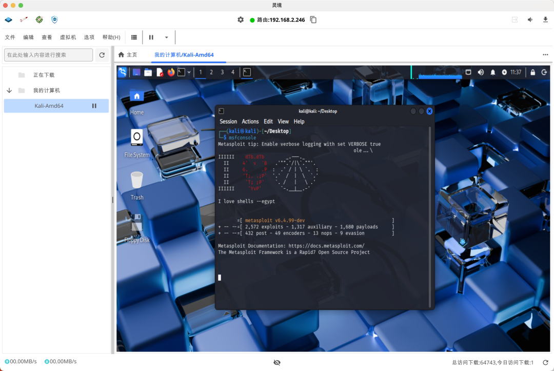 Kali Linux 虚拟机桌面及 Metasploit 运行界面