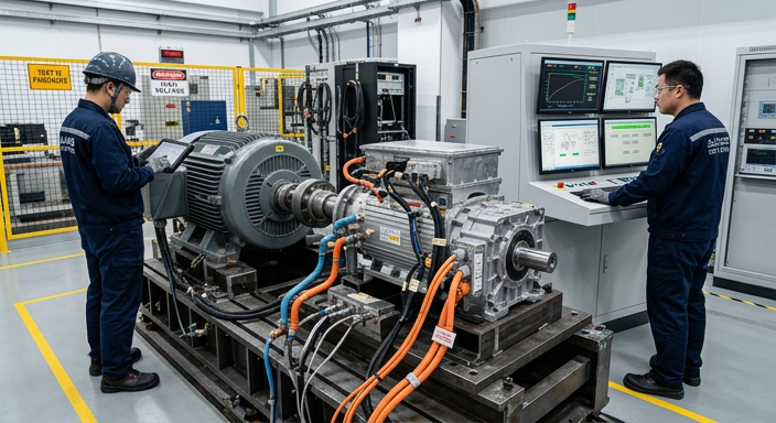 工程师在实验室操作大型电机测试设备，屏幕上显示数据图表