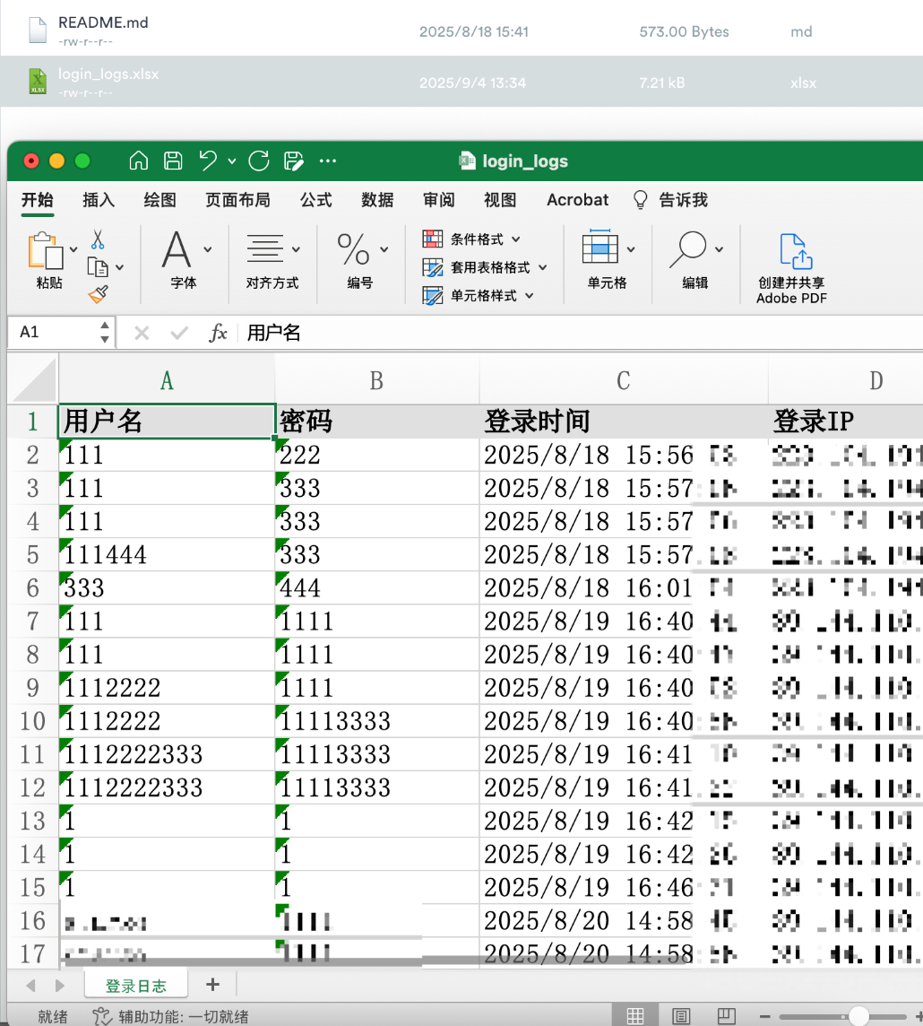用Excel软件打开的登录日志.xlsx文件截图
