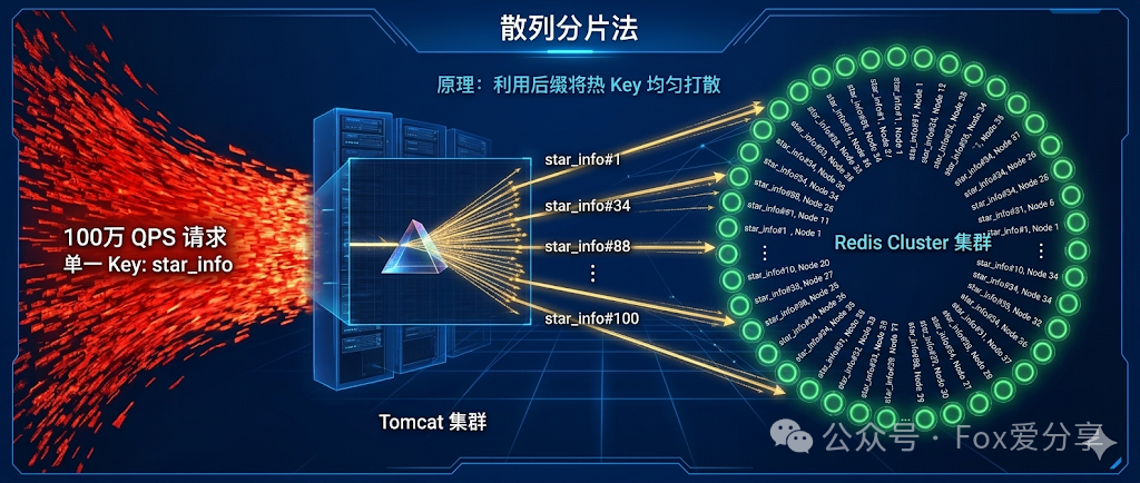 散列分片法架构图：展示如何将单一热Key通过添加后缀打散到Redis Cluster的不同节点