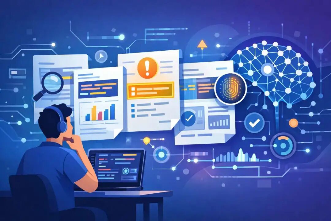 一名男子在分析数据与AI处理的科技场景