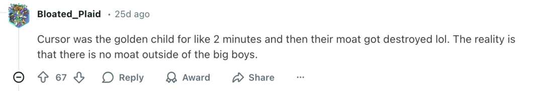 X网友评论截图：认为Cursor的护城河已被摧毁