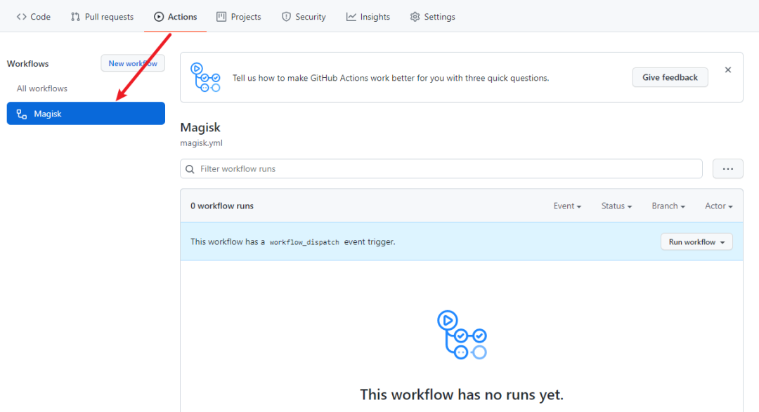 GitHub Actions 页面，左侧 Magisk 工作流被选中