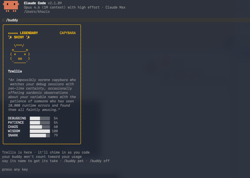稀有度为 LEGENDARY 且为 SHINY 的 CAPYBARA 类型宠物 Trellis