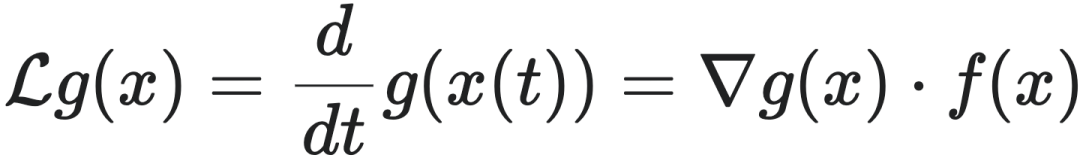 $\mathcal{L}g(x) = \frac{d}{dt}g(x(t)) = \nabla g(x) \cdot f(x)$