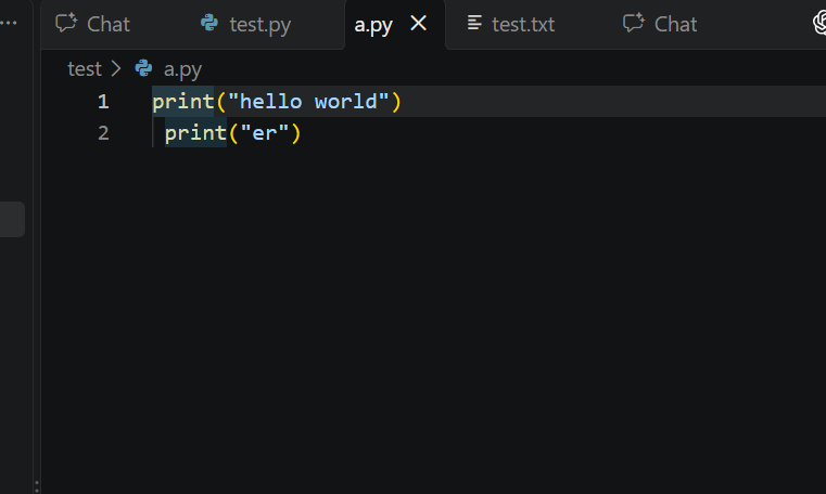 VSCode 连体标签页界面,显示 test.py 和 a.py 文件的 Python 代码