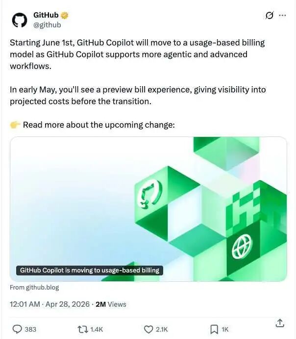 GitHub官方推文：Copilot将于6月1日转为按量计费，并配以绿色立方体插图和黑色横幅