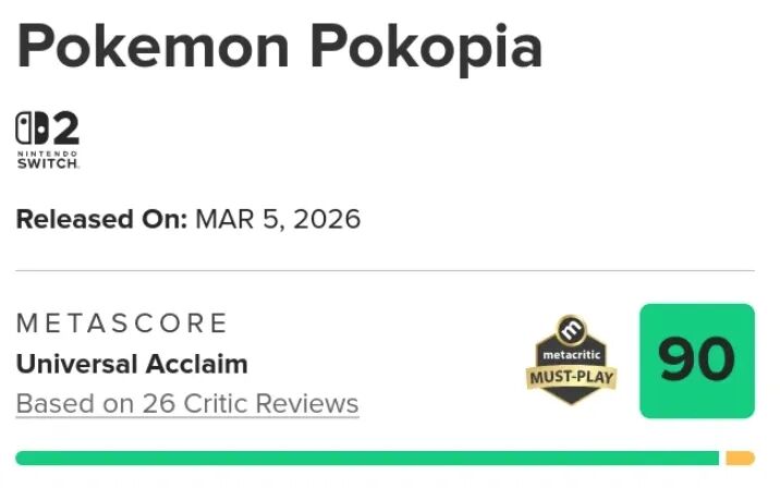 《宝可梦 Pokopia》Metacritic评分页面