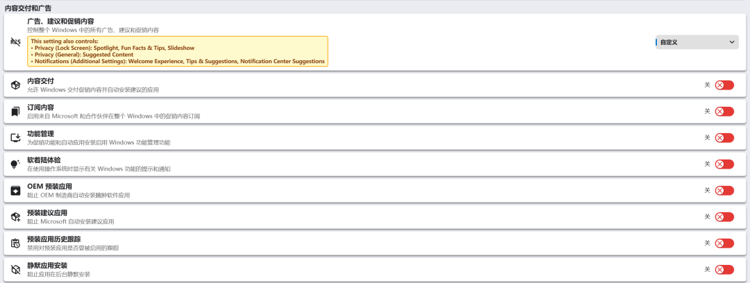 广告与内容交付设置选项